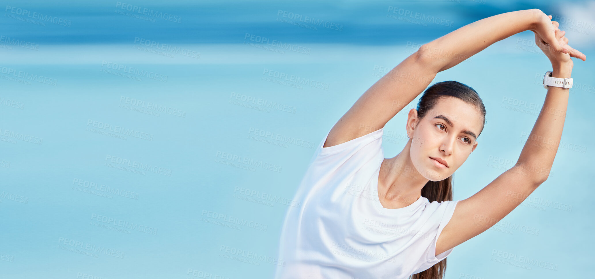 Buy stock photo Woman, beach and stretching body on mockup space in fitness, motivation or outdoor workout. Female person or runner in warm up on ocean coast, banner or sports for healthy wellness and exercise