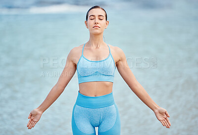 Buy stock photo Woman, yoga and relax on beach for meditation, spiritual wellness or outdoor zen exercise. Calm female person or yogi with healthy body for awareness, mindfulness or inner peace in fitness workout