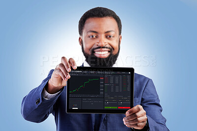 Buy stock photo Financial data, tablet and business man portrait with stock market chart of cryptocurrency in studio. Happy, investment info and fintech worker with smile from statistics, web and digital profit