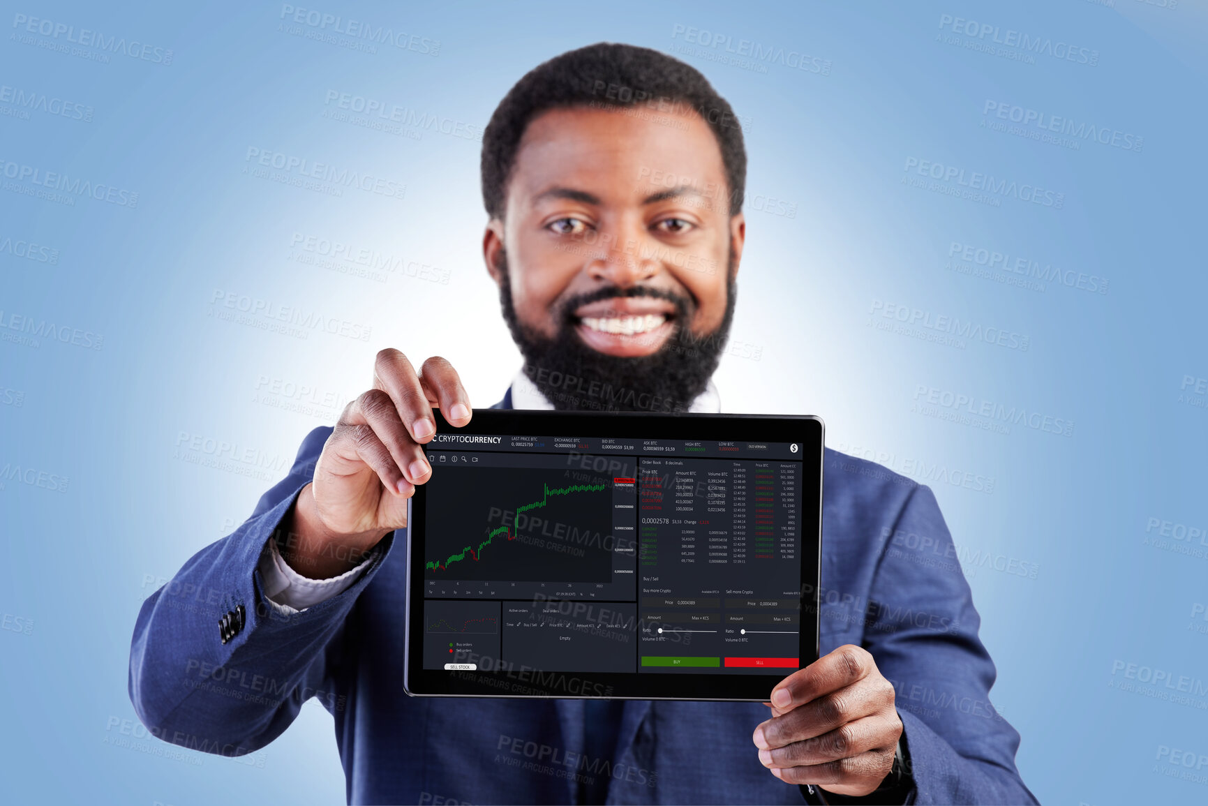 Buy stock photo Financial data, tablet and business man portrait with stock market chart of cryptocurrency in studio. Happy, investment info and fintech worker with smile from statistics, web and digital profit