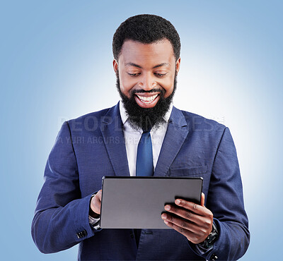 Buy stock photo Corporate black man, business and tablet in studio for online planning, stock market research or internet info on blue background. Happy trader, digital technology and network data for app connection