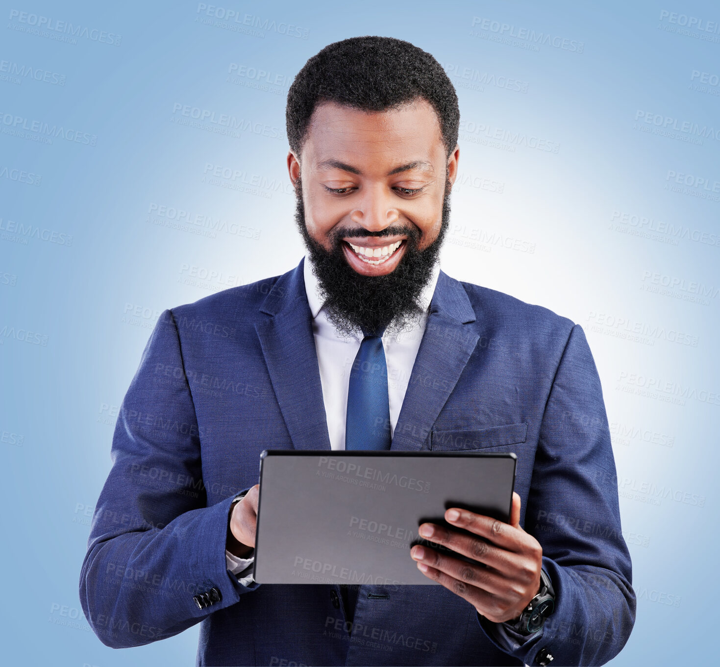 Buy stock photo Corporate black man, business and tablet in studio for online planning, stock market research or internet info on blue background. Happy trader, digital technology and network data for app connection