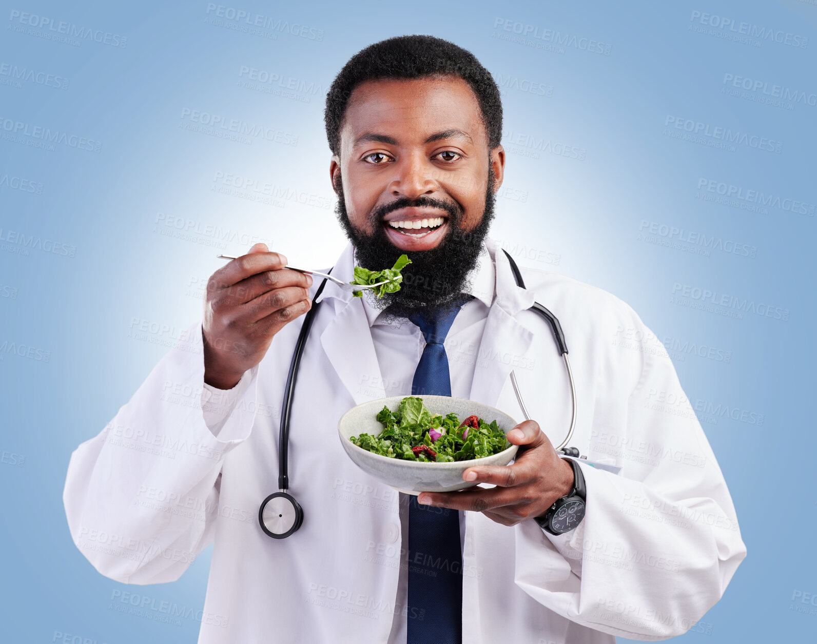 Buy stock photo Happy black man, portrait and salad for doctor weight loss, vegan healthcare diet or medical advice for wellness food. Vegetables bowl, nutritionist studio or African person eating on blue background