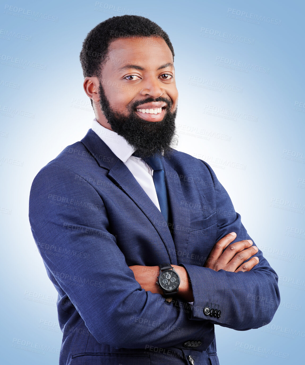 Buy stock photo Smile, confidence and portrait of businessman with crossed arms in a studio with success and leadership. Smile, professional and headshot of young, male and African lawyer isolated by blue background