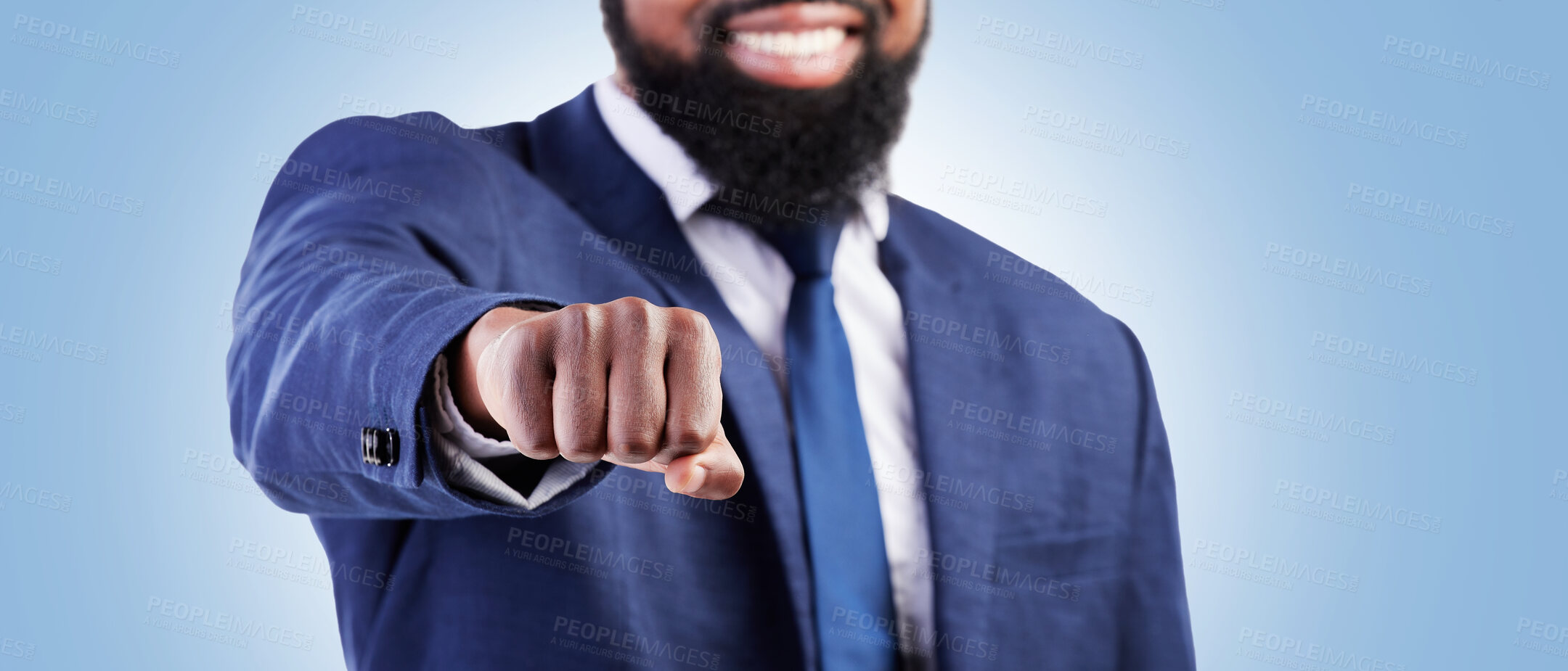 Buy stock photo Businessman, hands and fist bump for meeting or partnership on banner against a blue studio background. Closeup of man touching for business deal, approval or success in agreement, unity or teamwork