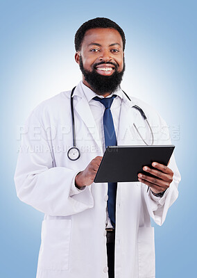 Buy stock photo Healthcare, portrait and tablet and a black man doctor in studio on a blue background for cardiology research. Medical, innovation and a male medicine professional searching for information online