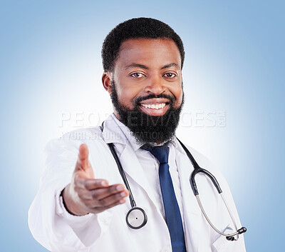 Buy stock photo Portrait, doctor and black man in studio with hand, offer or deal, promo or announcement on blue background. Face, smile and African male healthcare expert with advice, questions or coming soon news