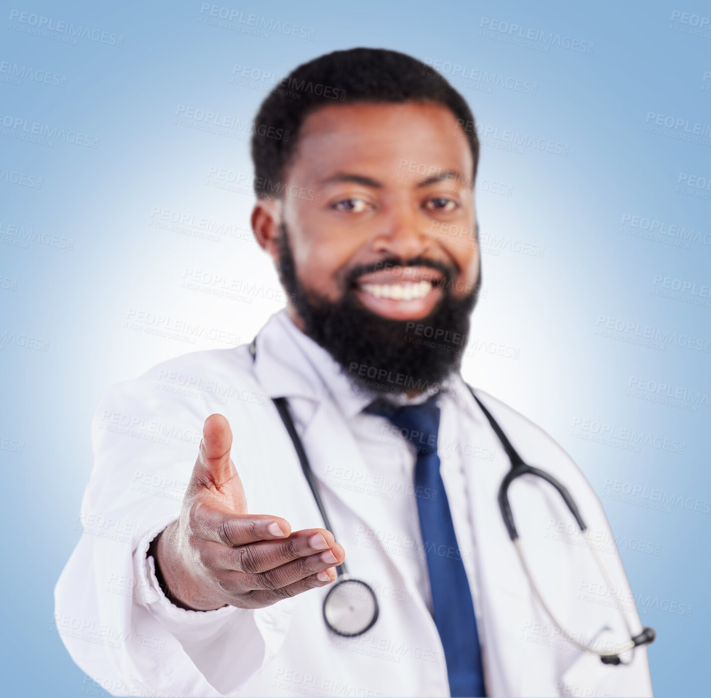 Buy stock photo Doctor, portrait and black man in studio with hand, offer or deal, promo or announcement on blue background. Face, smile and African male healthcare expert with advice, questions or invitation sign