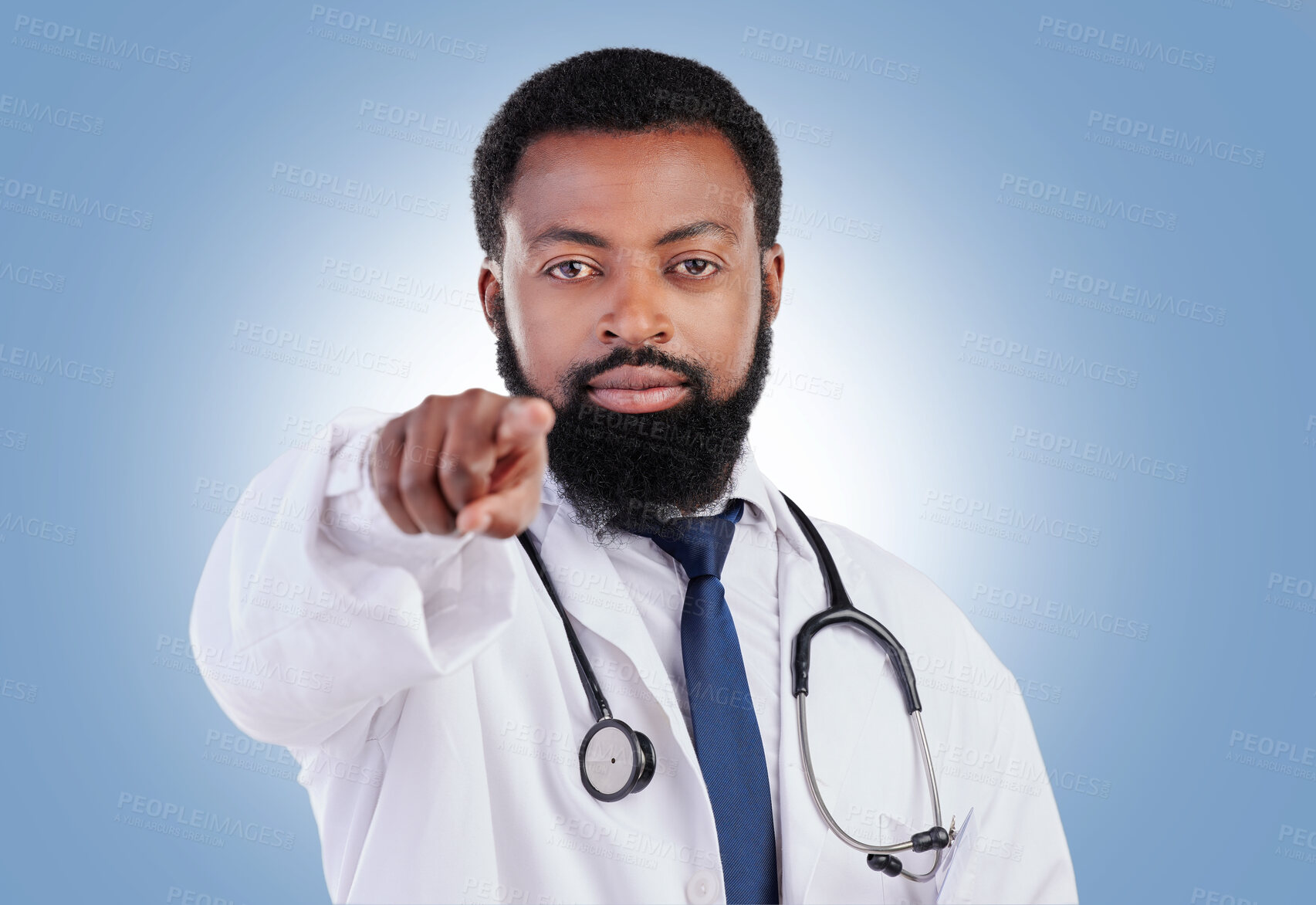 Buy stock photo Doctor, hand and black man portrait in studio with offer, deal and promo or announcement on blue background. Face, choice and African male healthcare expert with advice, questions or coming soon news