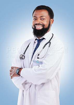 Buy stock photo Black man, doctor and portrait with arms crossed in studio or happy medical expert or healthcare worker on blue background. African surgeon, smile and confidence in medicine or research in hospital