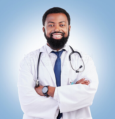 Buy stock photo Doctor, black man and portrait with arms crossed in studio or happy medical expert or healthcare worker on blue background. African surgeon, smile and confidence in medicine or research in hospital