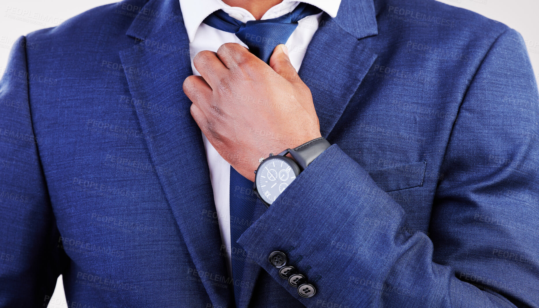 Buy stock photo Business, man and fixing tie for fashion, professional clothes and corporate trader in studio. Closeup of male model, executive CEO and salesman in suit for style, pride and ready for job interview