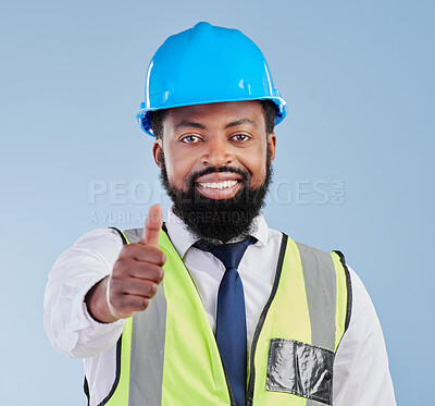 Buy stock photo Portrait, engineering and black man with thumbs up for success, thank you or support of architect in studio. Happy project manager, hand emoji and yes for winning construction deal on blue background