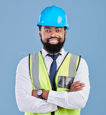 Buy stock photo Engineer, happy black man and portrait with arms crossed in studio for building inspection, renovation or industrial management. Male architect, contractor and construction manager on blue background