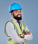 Construction, black man and portrait with arms crossed in studio for building inspection, engineering or industrial development. Happy male architect, contractor or project manager on blue background