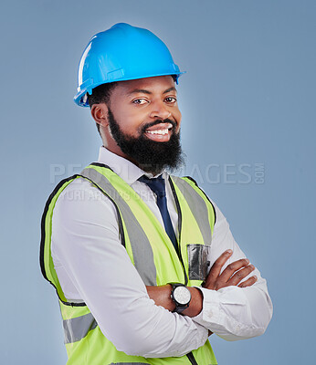 Buy stock photo Construction, black man and portrait with arms crossed in studio for building inspection, engineering or industrial development. Happy male architect, contractor or project manager on blue background