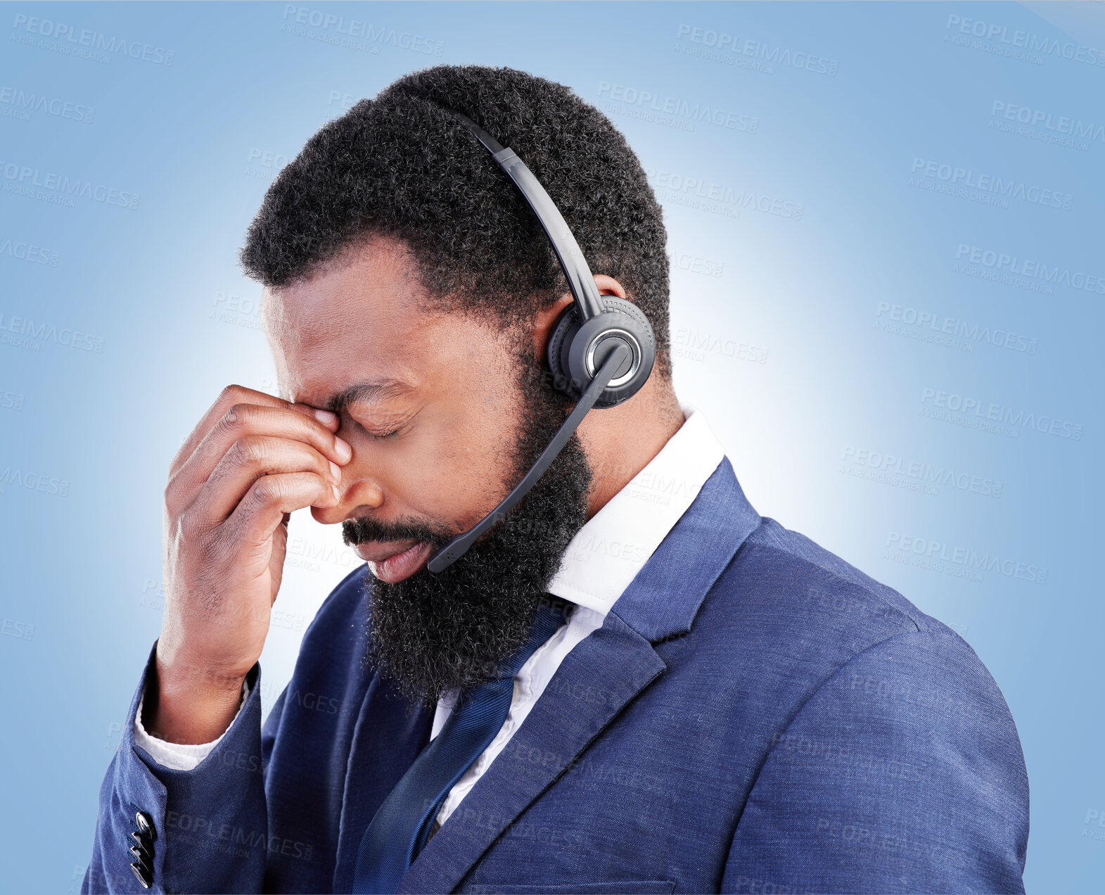 Buy stock photo Customer service face, studio black man and depressed over tech support fail, insurance agent crisis or call center burnout. Mental health risk, e commerce or African person crying on blue background