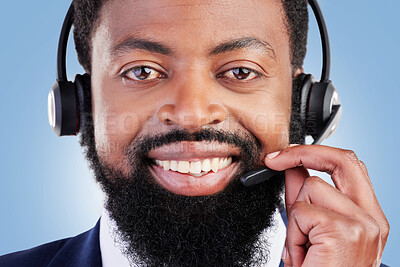 Buy stock photo Customer service portrait, happy black man and confident agent for sales service, help desk administration or telecom. Telemarketing profile picture, studio face and African person on blue background