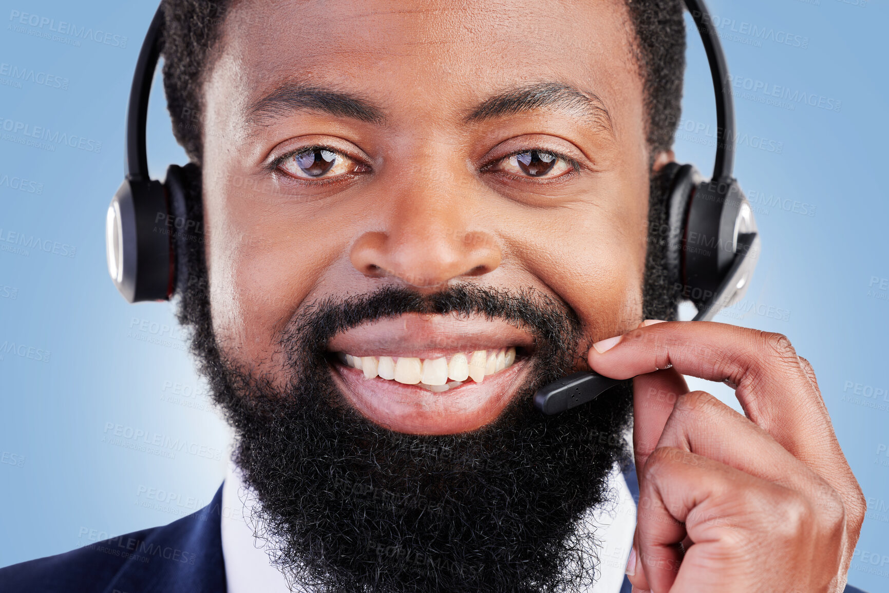 Buy stock photo Customer service portrait, happy black man and confident agent for sales service, help desk administration or telecom. Telemarketing profile picture, studio face and African person on blue background