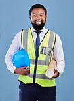 Happy black man, portrait and construction blueprint in studio for safety inspection, maintenance or architecture. Engineering, contractor and industrial manager with building plan on blue background