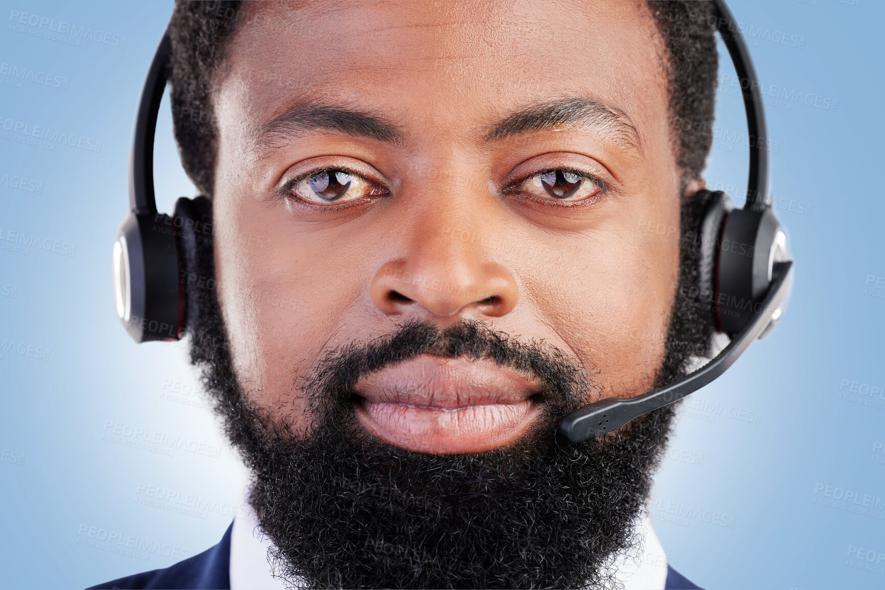 Buy stock photo Customer service portrait, studio black man and serious consultant for tech support, help desk administration or telecom. Call center profile picture, face and African person face on blue background