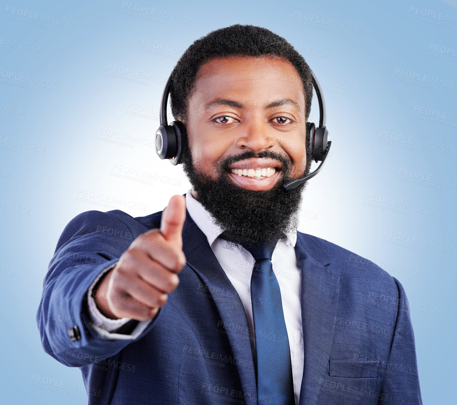 Buy stock photo Customer support portrait, happy black man and thumbs up for telecom studio advice, thank you or sales pitch agreement. E commerce vote icon, emoji yes sign and African person face on blue background