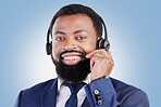 Customer support headset, happy portrait and black man consulting for call center advice, telecom services or sales pitch. E commerce, studio face and African person talking on mic on blue background