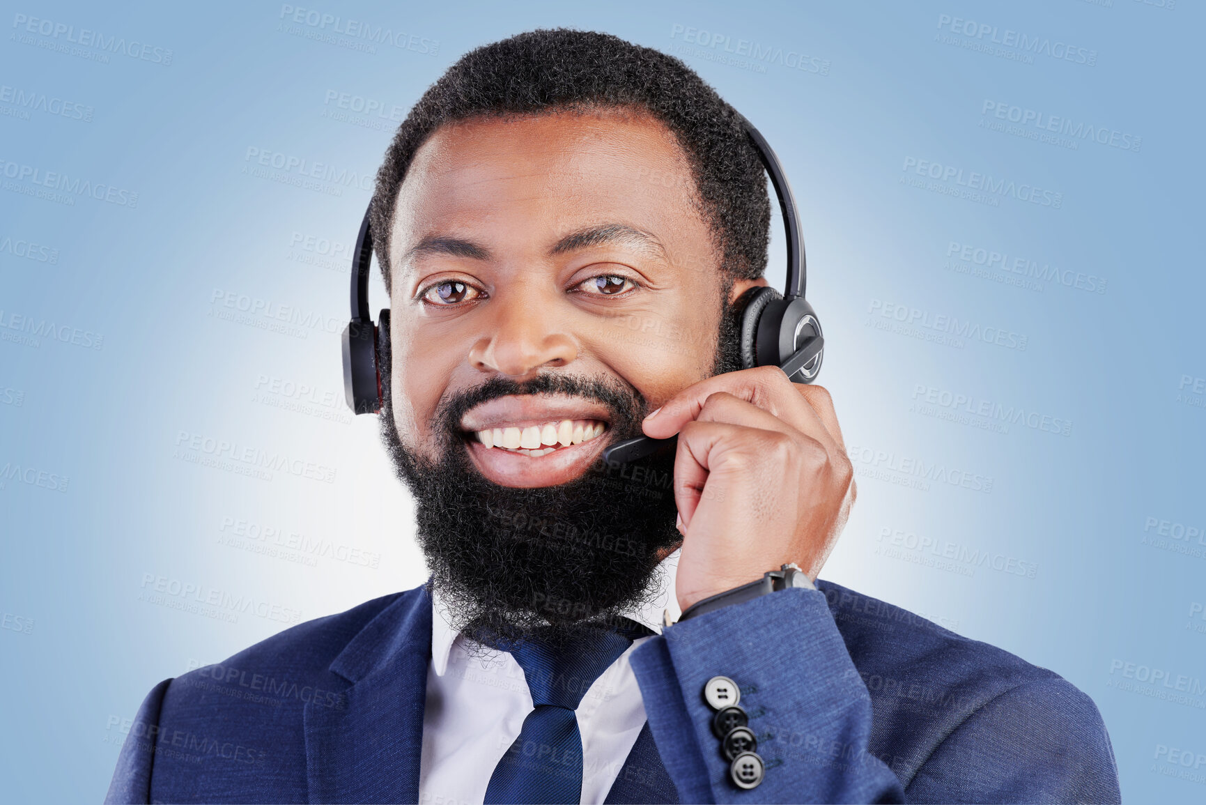 Buy stock photo Customer support headset, happy portrait and black man consulting for call center advice, telecom services or sales pitch. E commerce, studio face and African person talking on mic on blue background