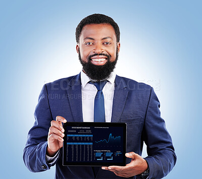 Buy stock photo Fintech, tablet and corporate portrait with business man and stock market data of cryptocurrency in studio. Happy, investment info and financial worker with smile from trading, web chart and profit