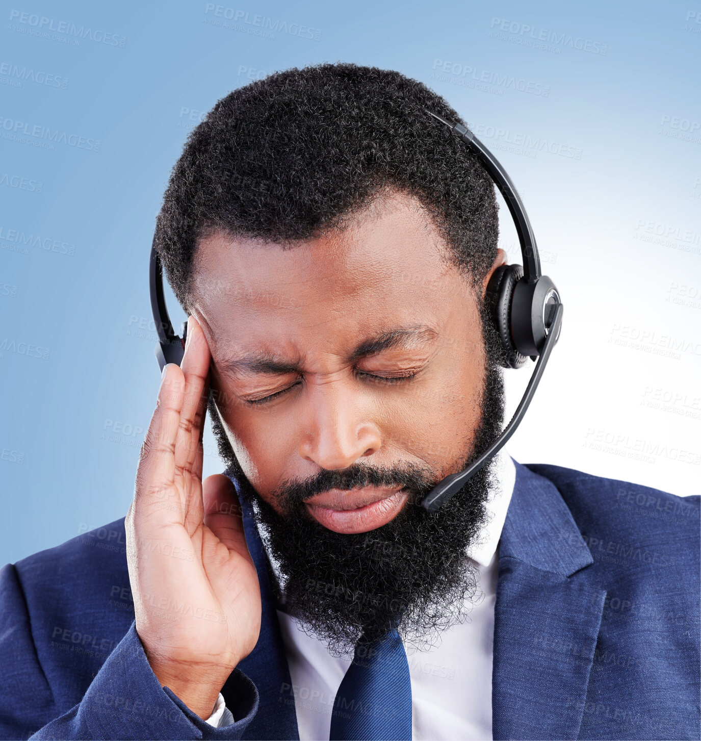 Buy stock photo Customer service, studio face and black man headache, stress or sad over telecom fail, salesman crisis or call center burnout. Mental health risk, migraine pain and African person on blue background