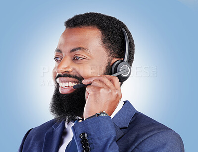 Buy stock photo Customer service headset, happy black man and consulting about ecommerce service, help desk advice or contact us. Telemarketing, studio face or African person talking on microphone on blue background