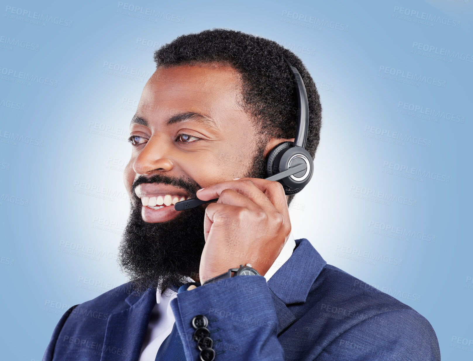 Buy stock photo Customer service headset, happy black man and consulting about ecommerce service, help desk advice or contact us. Telemarketing, studio face or African person talking on microphone on blue background