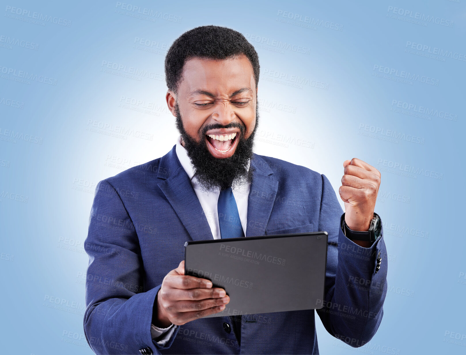 Buy stock photo Happy business man, tablet and fist for success in studio for good news, deal and trading bonus. Excited black male trader, digital technology and shout yes for achievement, prize and blue background