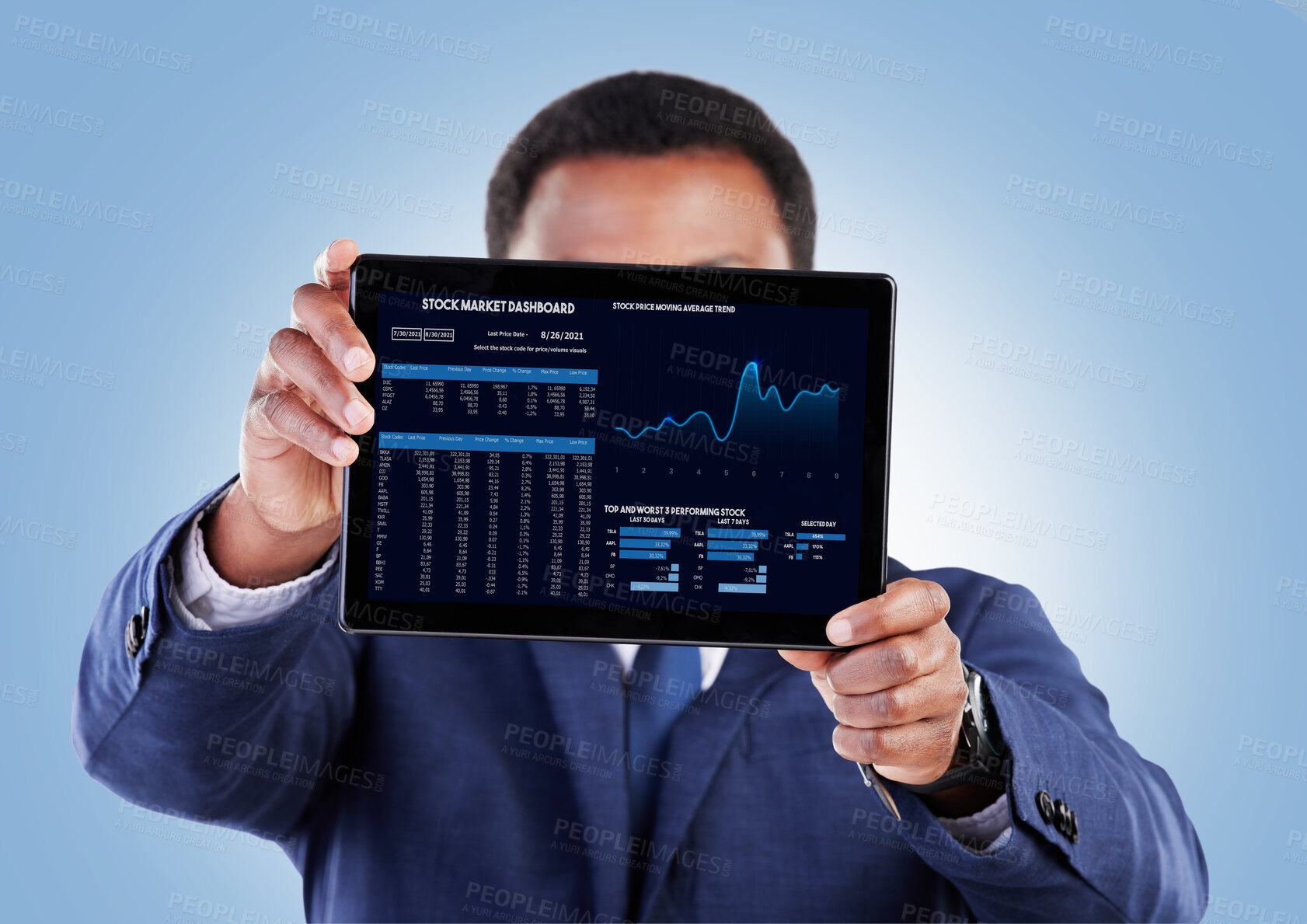 Buy stock photo Screen, tablet and investing with business man and stock market data of cryptocurrency in studio. Tech, investment info and financial worker with ui showing statistics, web chart and digital profit