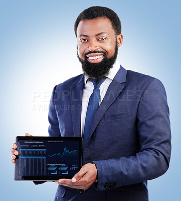 Buy stock photo Screen, tablet and portrait with finance business man and stock market data of cryptocurrency in studio. Happy, investment info and financial worker with smile from statistics, web chart and profit