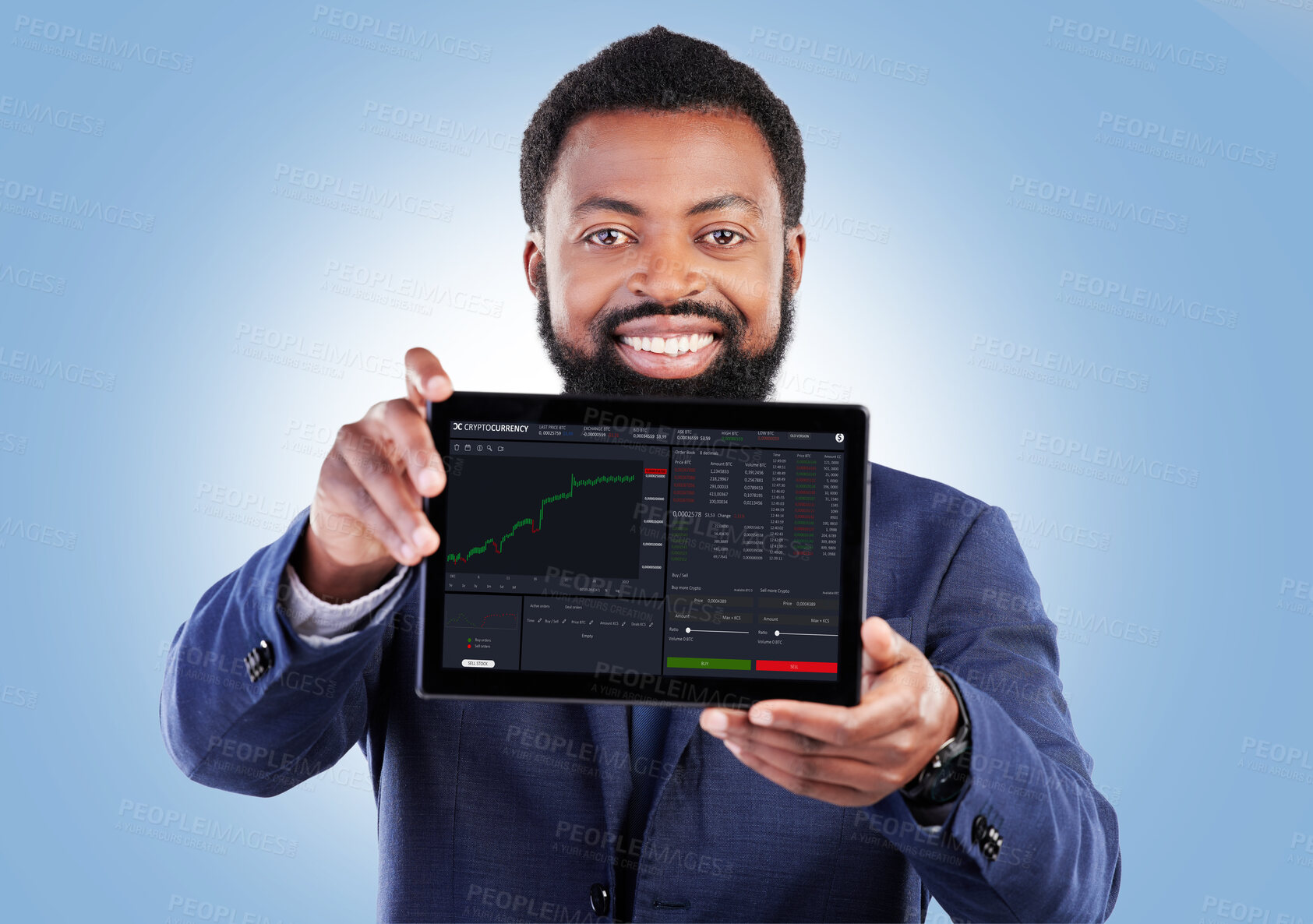 Buy stock photo Finance data, tablet and business man portrait with stock market chart of cryptocurrency in studio. Happy, investment info and fintech worker with smile from statistics, web and digital profit