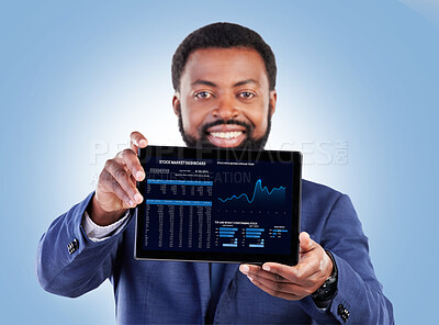 Buy stock photo Fintech, tablet and portrait with business man and stock market data of cryptocurrency in studio. Happy, investment info and financial worker with smile from statistics, web chart and digital profit