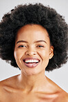 Cosmetics portrait, afro and African happy woman with beauty, skincare facial glow or healthy hair care, growth or texture. Studio face makeup, comedy joke and spa person laughing on white background