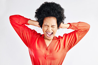 Frustrated, screaming and black woman with stress, anger and mistake against a white studio background. Female person, shouting or model with mental health, fail or problem with emotion or depression