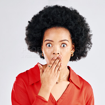 Buy stock photo Surprise, gossip or portrait of black woman cover mouth for secret isolated on white background in studio. Hands on face, wow or shocked girl surprised by crazy announcement, drama story or fake news