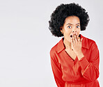 Portrait, surprise and black woman with mockup, gossip and announcement on a white studio background. Face, female person and model with happiness, shocked and wow with omg, discount sale and emoji