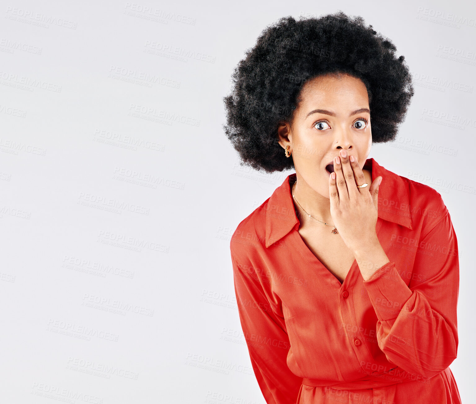 Buy stock photo Portrait, surprise and black woman with mockup, gossip and announcement on a white studio background. Face, female person and model with happiness, shocked and wow with omg, discount sale and emoji