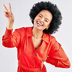 Support, peace sign and portrait of a black woman on a studio background with an emoji. Smile, funny model and an African girl or employee with a hand gesture isolated on a backdrop for comedy