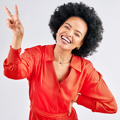 Buy stock photo Support, peace sign and portrait of a black woman on a studio background with an emoji. Smile, funny model and an African girl or employee with a hand gesture isolated on a backdrop for comedy