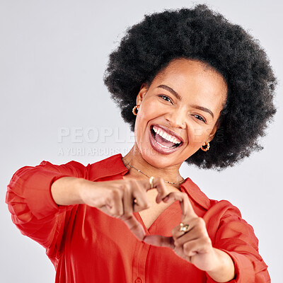 Buy stock photo Portrait, mockup and black woman with heart hands, support and review on a white studio background. Face, female person and happy model with symbol for love, like and  emoji with motivation and hope