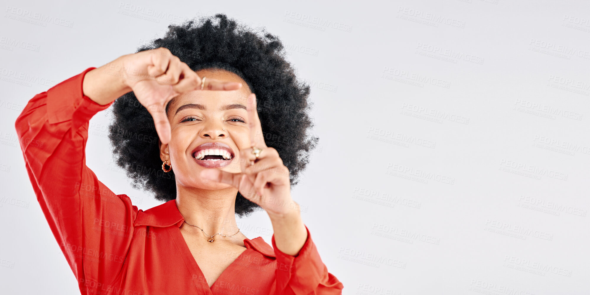 Buy stock photo Happy, portrait and black woman with hand frame for a selfie, picture or capture on a studio background. Smile, mockup and an African girl with a gesture for a photo isolated on a backdrop with space