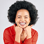 Portrait, black woman and smile with happiness, excited and cheerful girl against a white studio background. Face, female person and Jamaican model with joy, fashion and afro with positive mindset