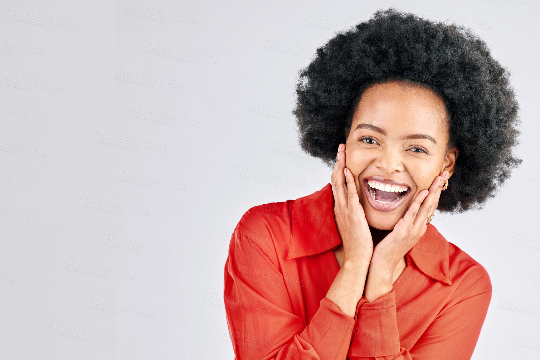 Buy stock photo Portrait, surprise and black woman with mockup, excited and announcement on a white studio background. Face, female person and model with happiness, funny and wow with winner, discount sale and news