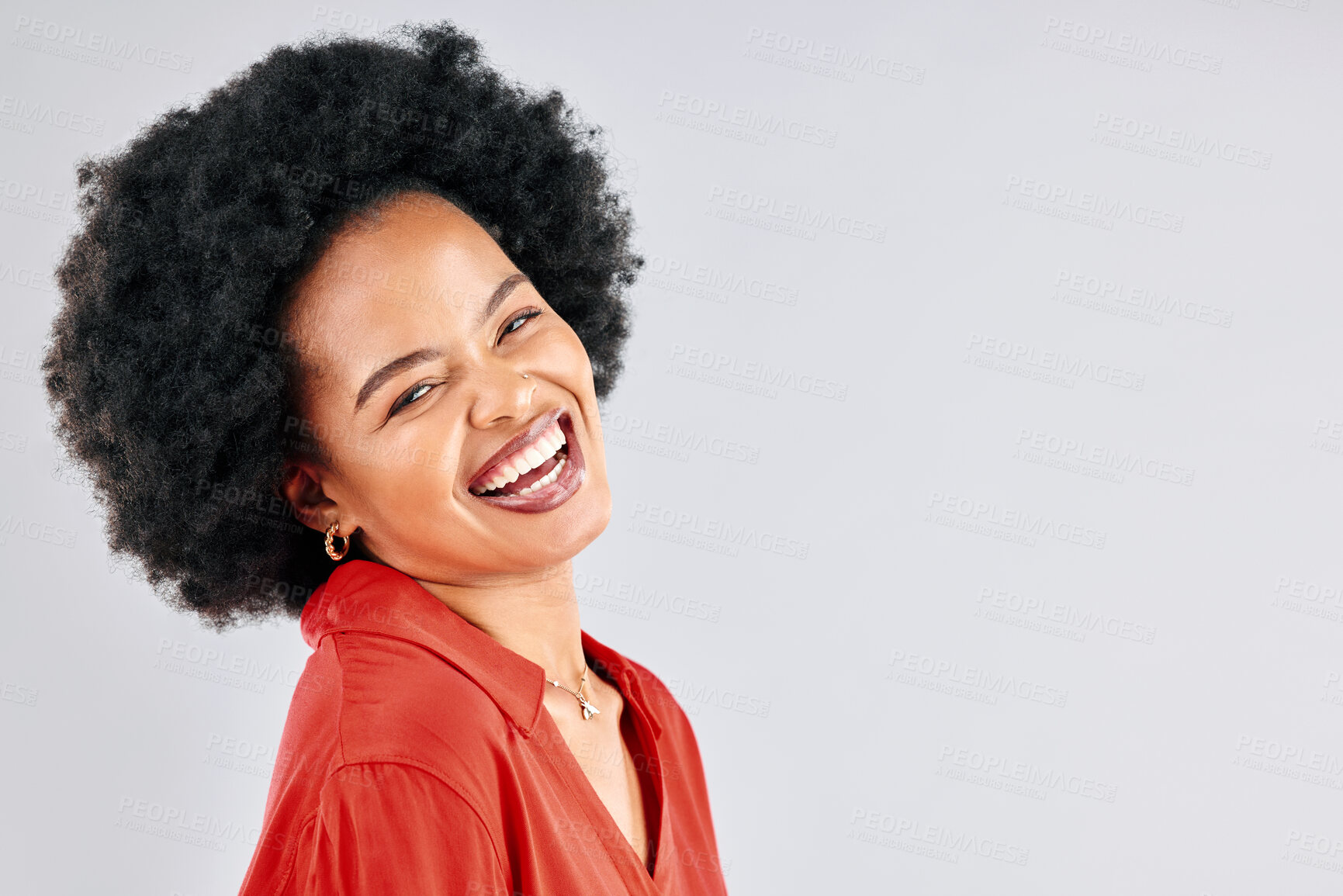 Buy stock photo Laughing, smile and portrait of businesswoman in studio with success, confidence and leadership. Happy, excited and young African female designer with positive mindset by gray background with mockup.