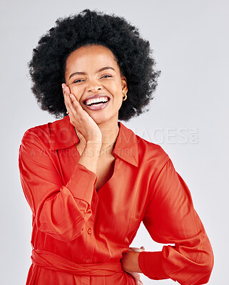 Buy stock photo Portrait, happy and fashion with an afro black woman in studio on a white background for trendy style. Aesthetic, smile and red clothes with a confident young female model posing in a clothing outfit